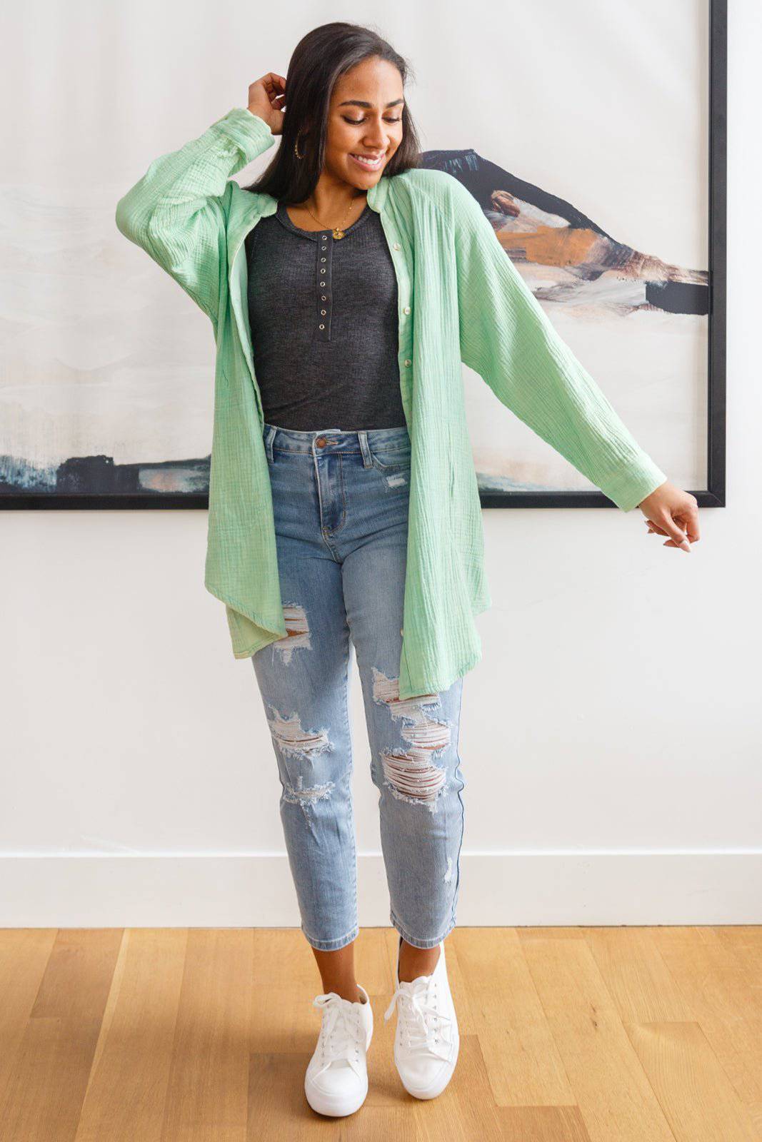 Corey Button Up Top In Vintage Green - 1985 the VAULT Boutique