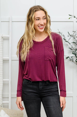 Long Sleeve Knit Top With Pocket In Burgundy - 1985 the VAULT Boutique