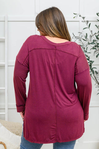 Long Sleeve Knit Top With Pocket In Burgundy - 1985 the VAULT Boutique