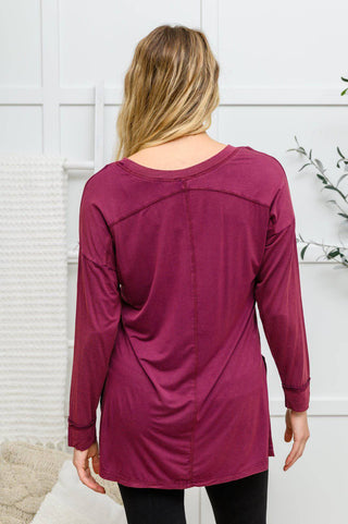 Long Sleeve Knit Top With Pocket In Burgundy - 1985 the VAULT Boutique