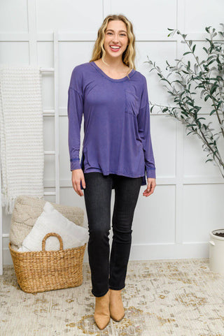 Long Sleeve Knit Top With Pocket In Denim Blue - 1985 the VAULT Boutique