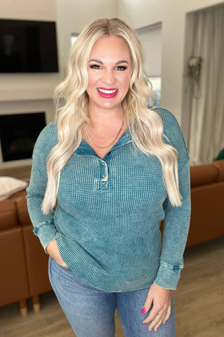 Mineral Wash Baby Waffle Henley in Teal - 1985 the VAULT Boutique