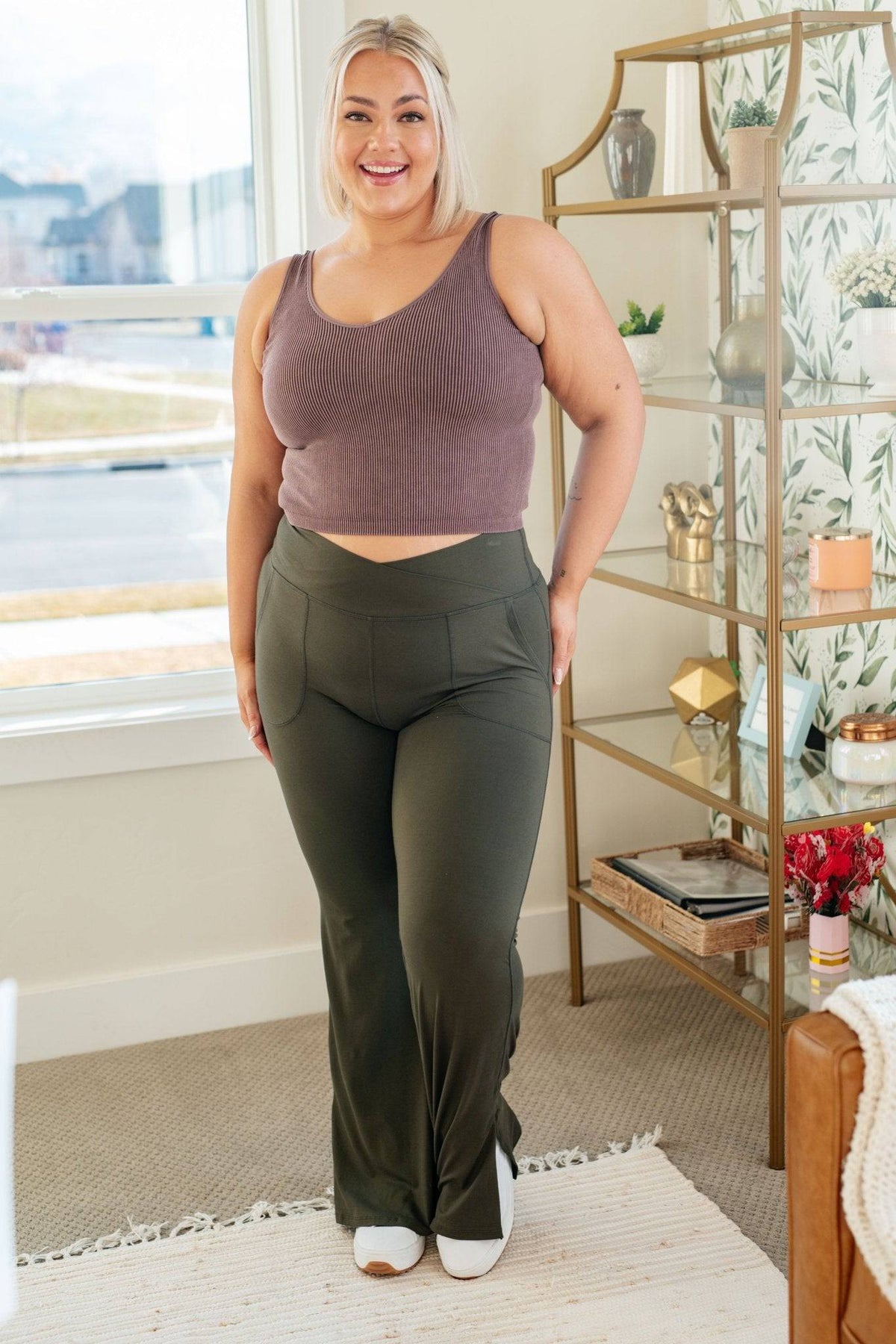 On the Move V Front Flare Leggings in Olive - 1985 the VAULT Boutique