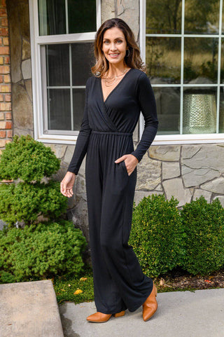 Onward & Upward Faux Wrap Jumpsuit In Black - 1985 the VAULT Boutique