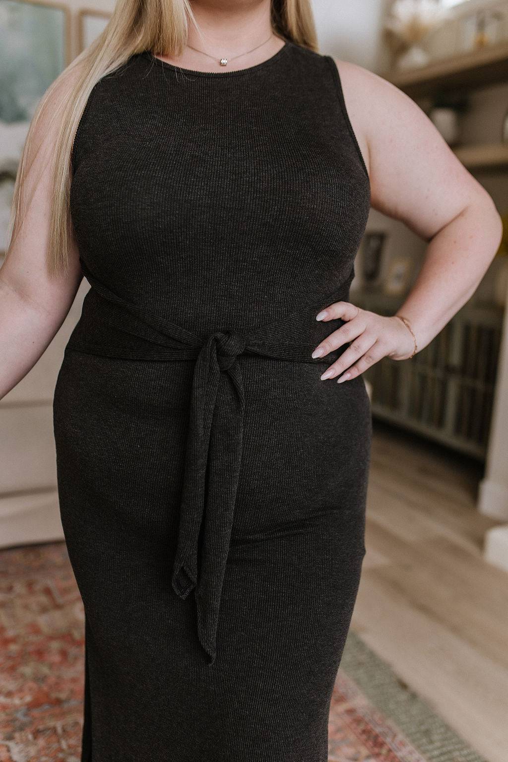 Out on the Town Tie Detail Midi Dress in Charcoal - 1985 the VAULT Boutique