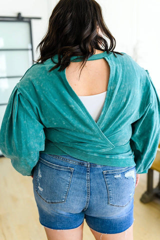 Tied Up In Cuteness Mineral Wash Sweater in Teal - 1985 the VAULT Boutique