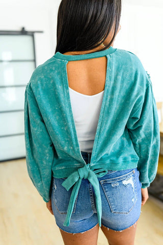 Tied Up In Cuteness Mineral Wash Sweater in Teal - 1985 the VAULT Boutique