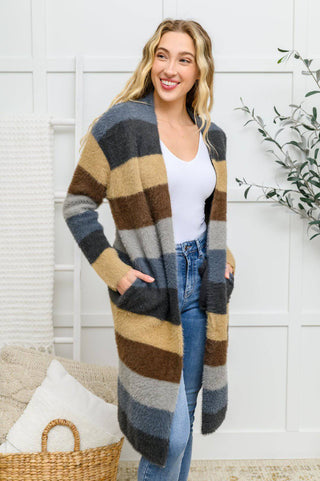 Fuzzy Longline Cardigan In Blue & Cocoa - 1985 the VAULT Boutique