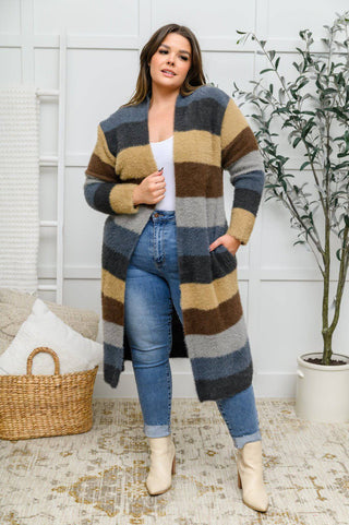 Fuzzy Longline Cardigan In Blue & Cocoa - 1985 the VAULT Boutique