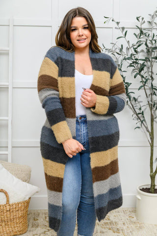 Fuzzy Longline Cardigan In Blue & Cocoa - 1985 the VAULT Boutique