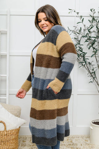 Fuzzy Longline Cardigan In Blue & Cocoa - 1985 the VAULT Boutique