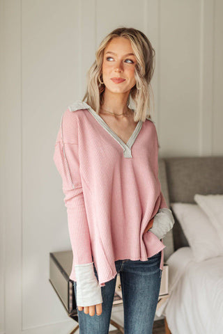 Mia Waffle Knit Long Sleeve In Pink - 1985 the VAULT Boutique