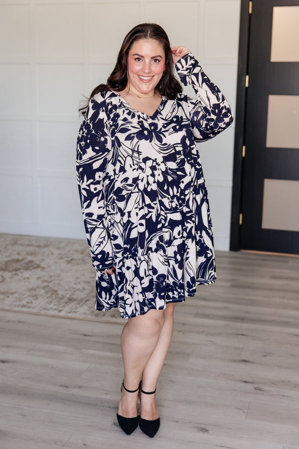 Worthwhile Moment Floral Tiered Dress in Oatmeal and Navy - Happily Ever Atchison Shop Co.