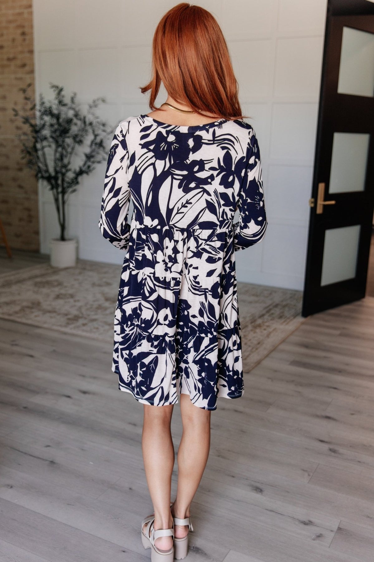 Worthwhile Moment Floral Tiered Dress in Oatmeal and Navy - Happily Ever Atchison Shop Co.