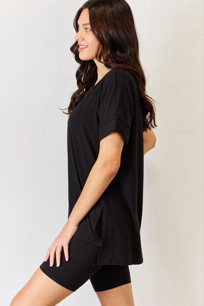 Zenana Full Size V - Neck Short Sleeve Slit T - Shirt and Shorts Set - Happily Ever Atchison Shop Co.