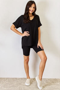 Zenana Full Size V - Neck Short Sleeve Slit T - Shirt and Shorts Set - Happily Ever Atchison Shop Co.