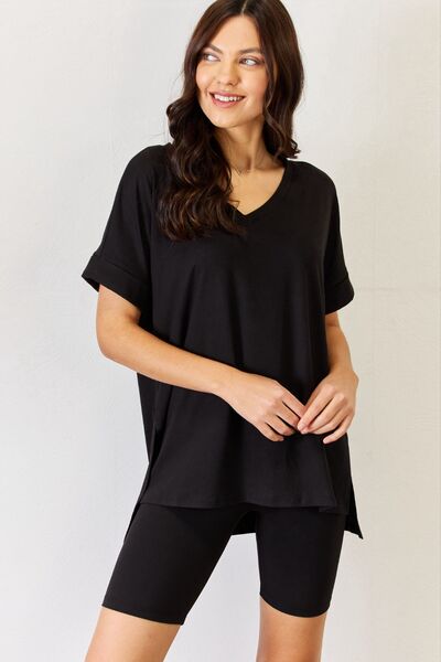 Zenana Full Size V - Neck Short Sleeve Slit T - Shirt and Shorts Set - Happily Ever Atchison Shop Co.