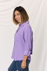 Zenana Texture Button Up Raw Hem Long Sleeve Shirt - Happily Ever Atchison Shop Co.